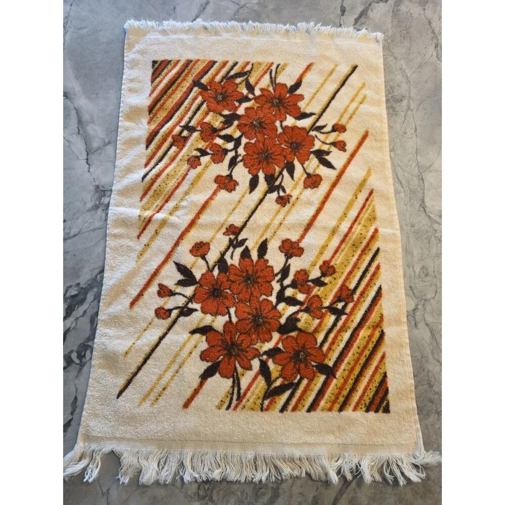 Vintage Cannon Floral Hand Towel Orange Brown Retro Diagonal Stripe Fringe 70s